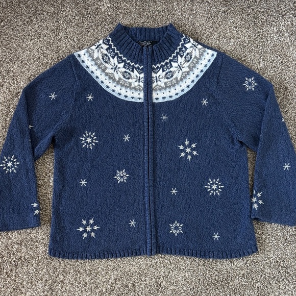 Crystal Kobe Sweaters - Vintage Women's Funnel neck Blue Snowflake Cardigan Size M Ramie/Cotton blend